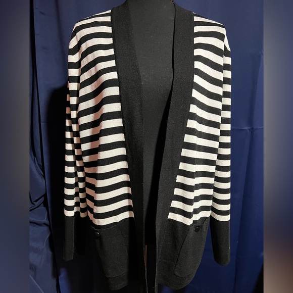 Anne Klein Black and White Striped Cardigan - Picture 1 of 5
